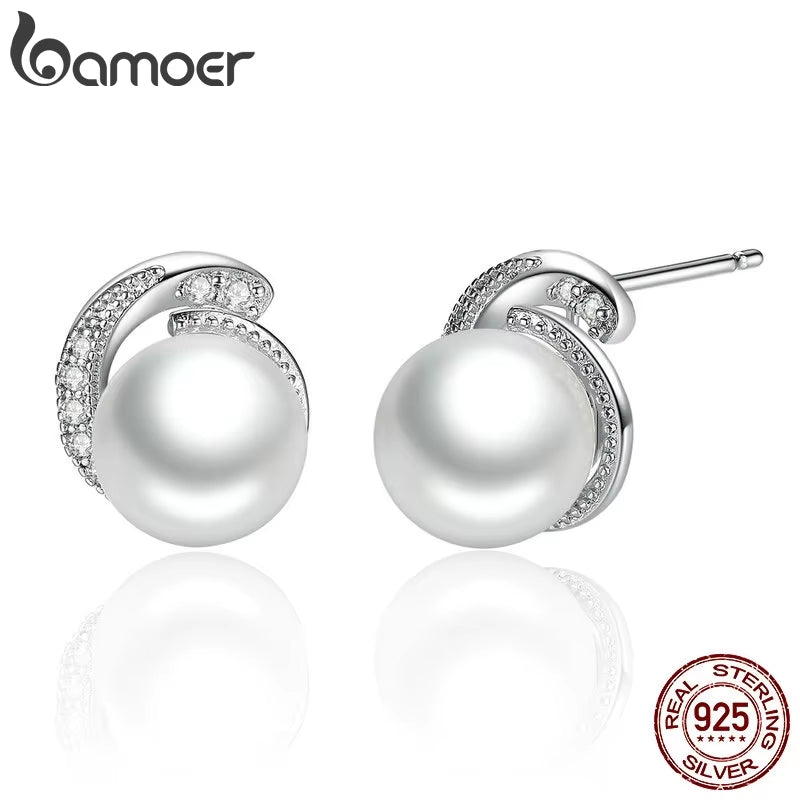 Pearl Earrings Jewelry 925 Sterling Silver White Pearl Push-Back Stud Earrings for Women Fashion Jewelry SCE021