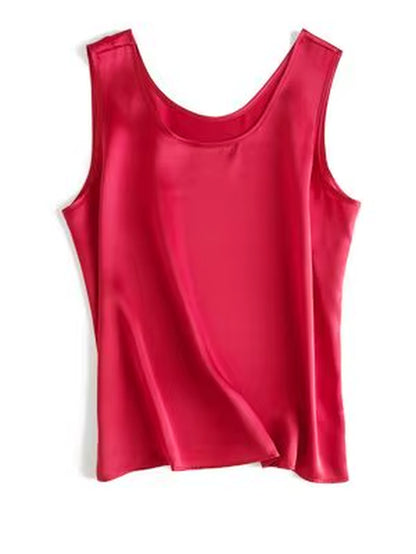 . Women Basic Cozy Tanks, 100%Real Silk, O Neck Sleeveless Chic T Shirt, 2025 Solid Summer Vests, White, Pink, Beige