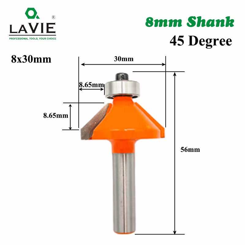 LAVIE 1Pc 8Mm Shank 45 Degree Chamfer Edge Forming Router Bit Bevel Flush Trim Bit Woodworking Milling Cutter Bits MC02021