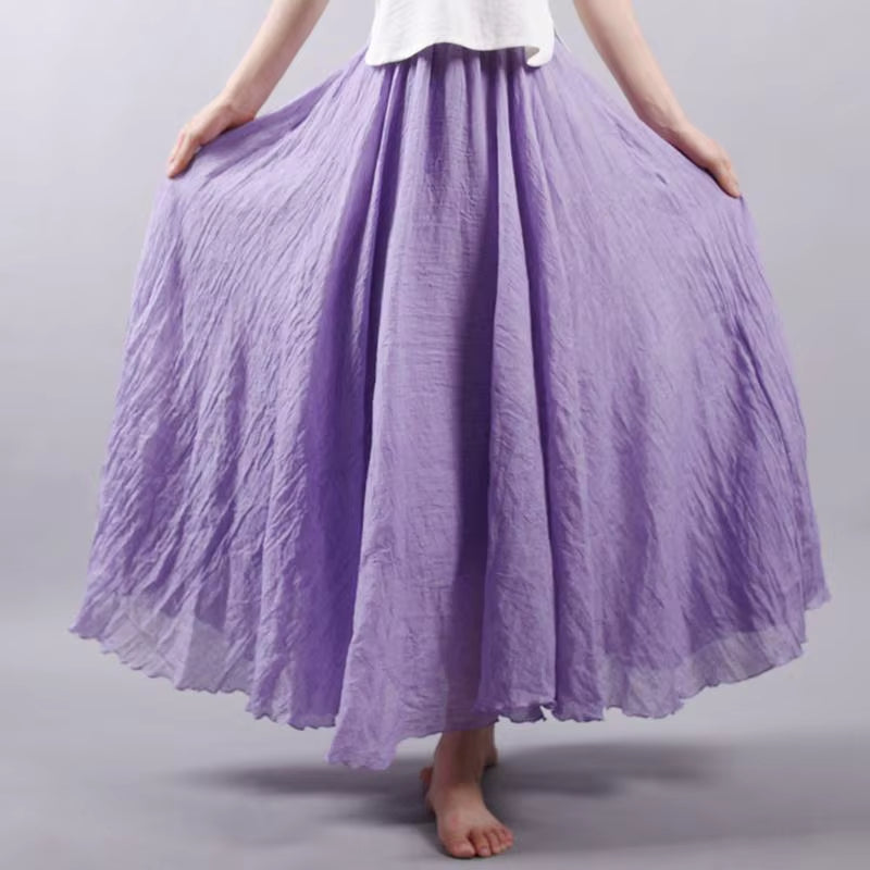 Women'S Elegant High Waist Linen Maxi Skirt 2023 Summer Ladies Casual Elastic Waist 2 Layers Skirts Saia Feminina 20 Colors SK53