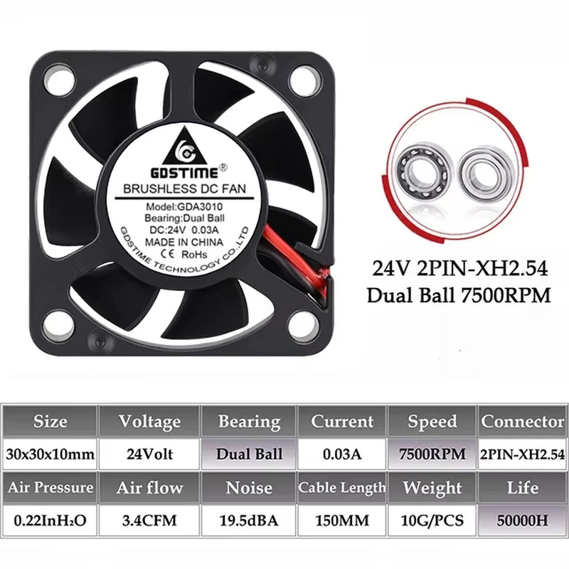 2PCS  Dual Ball Bearing DC 24V 12V 5V 3Cm 30Mm 30X30X10Mm 3010 Brushless Mini Cooler Cooling Fan