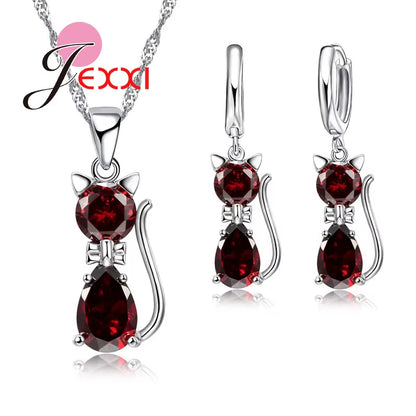 Fast Shipping Retail Romantic Engagement Silver Cute Cat Jewelry Sets Necklace Earrings with Austrian Crystal for Women