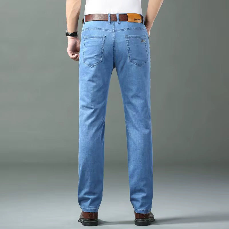 Classic Style Men Brand Jeans Business Casual Stretch Slim Denim Pants Light Blue Black Trousers Male