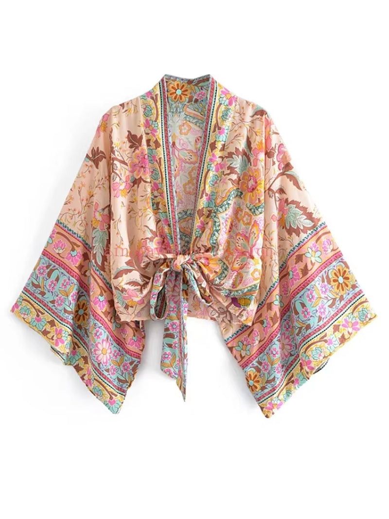 Boho Vintage Floral Print Beach Summer Short Kimono Women Fashion Ladies Casual V Neck Batwing Sleeves Bohemian Cover-Ups