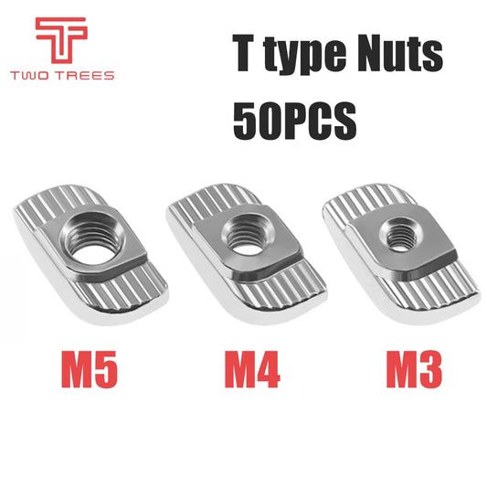 50Pcs/Lot M3/M4/M5 Carbon Steel T Type Nuts Fastener Aluminum Connector for 2020 Industrial Profile 3D Printer Parts