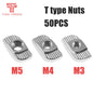 50Pcs/Lot M3/M4/M5 Carbon Steel T Type Nuts Fastener Aluminum Connector for 2020 Industrial Profile 3D Printer Parts