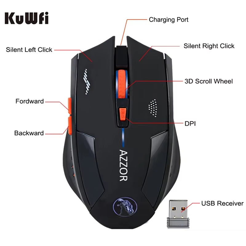 2400DPI Gaming Wireless Mouse Slient Button Computer Mouse Built-In Lithium Battery 2.4G Optical Engine Mouse for Pc/Laptop