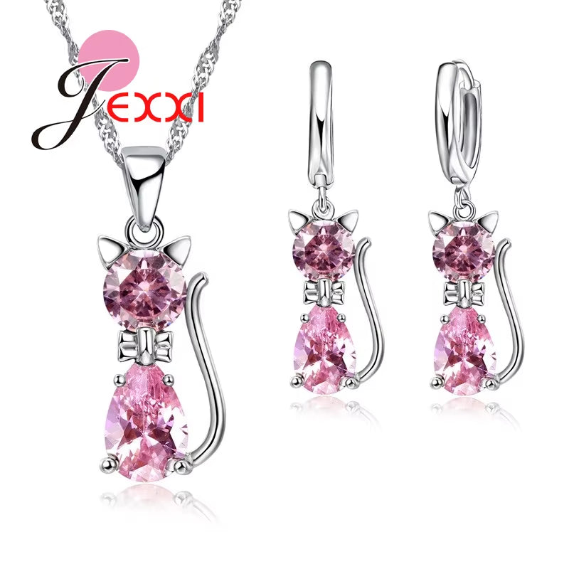 Fast Shipping Retail Romantic Engagement Silver Cute Cat Jewelry Sets Necklace Earrings with Austrian Crystal for Women