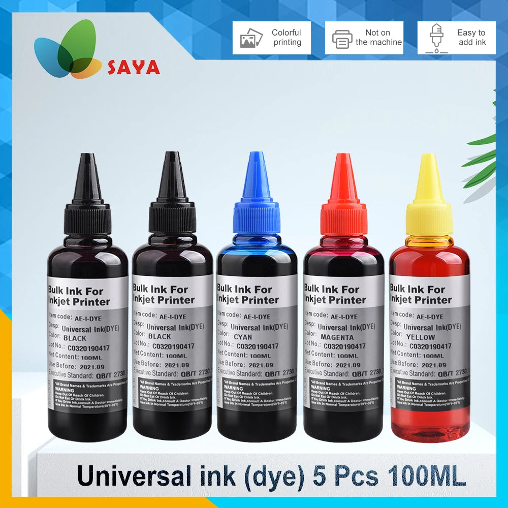 5X100Ml Universal Dye Ink BK C M Y Refill Kit for HP Canon  Brother Dell Deskjet Inkjet Printer ,Tank Ink Cartridge CISS