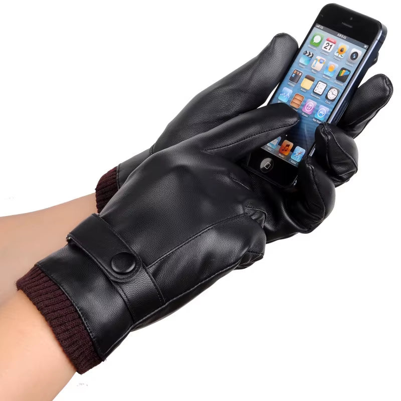 Men'S Gloves Black Winter Mittens Keep Warm Touch Screen Windproof Driving Guantes Male Autumn Winter PU Leather Gloves Business
