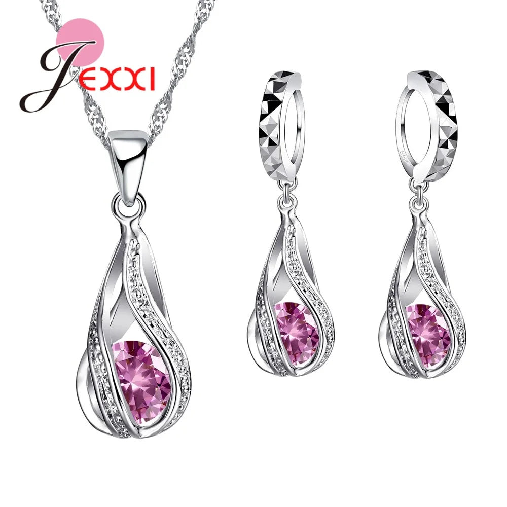 925 Sterling Silver Necklace Pendant Earrings Fashion Spiral Shaped White Crystal Jewelry Sets for Wholesale