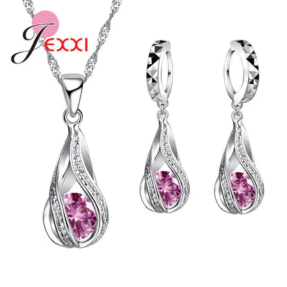 925 Sterling Silver Necklace Pendant Earrings Fashion Spiral Shaped White Crystal Jewelry Sets for Wholesale