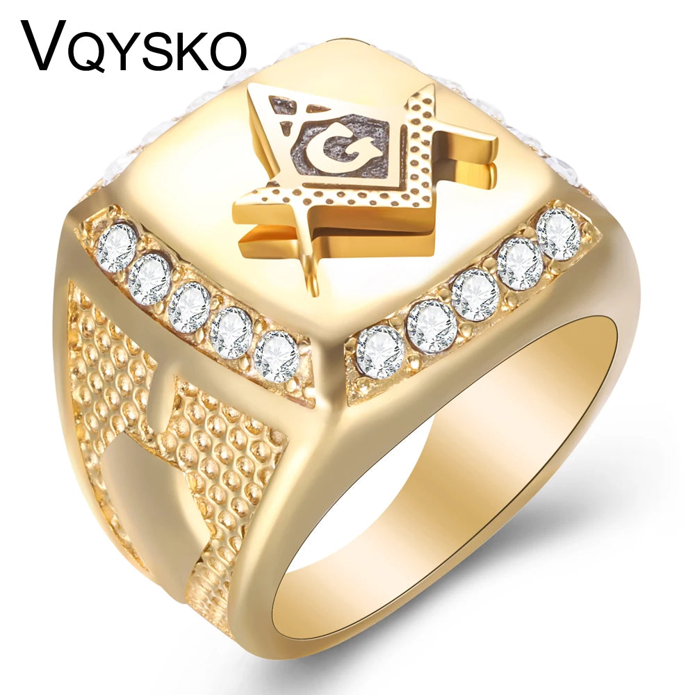 New Arrival Bling CZ Crystal Men Rings with Freemason Masonic Free Mason Signet 316L Stainless Steel Gold Color Jewelry for Men