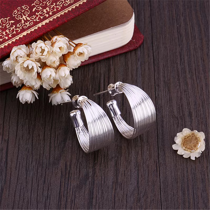 925 Sterling Silver Smooth Multi-Line Stud Earrings for Woman Wedding Engagement Fashion Party Charm Jewelry