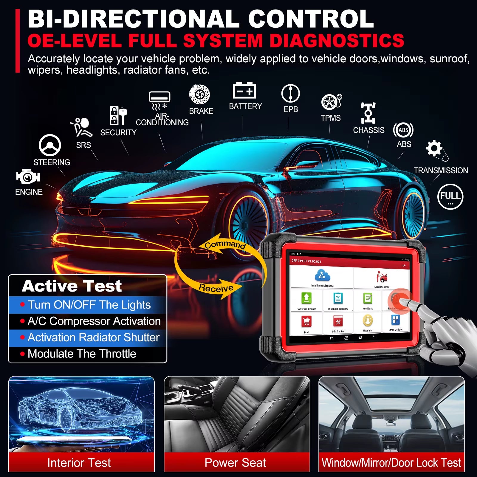 CRP919E BT OBD2 Scanner CAN FD DOIP FCA Full System Car Diagnostic Tools ECU Coding Bidirectional Control 31+ Service