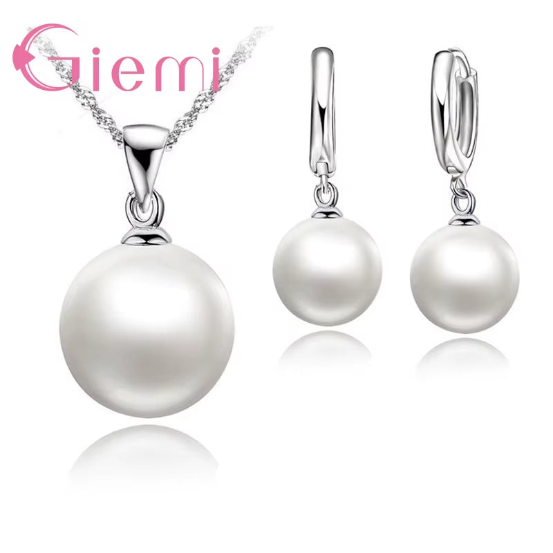 3 Color Option White/Black/Pink Pearl Jewelry Sets Luxury 925 Sterling Silver Necklace Pendant Earrings Set for Women Gift
