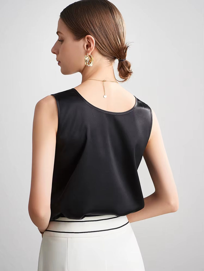 . Women Basic Cozy Tanks, 100%Real Silk, O Neck Sleeveless Chic T Shirt, 2025 Solid Summer Vests, White, Pink, Beige