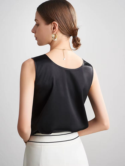 . Women Basic Cozy Tanks, 100%Real Silk, O Neck Sleeveless Chic T Shirt, 2025 Solid Summer Vests, White, Pink, Beige