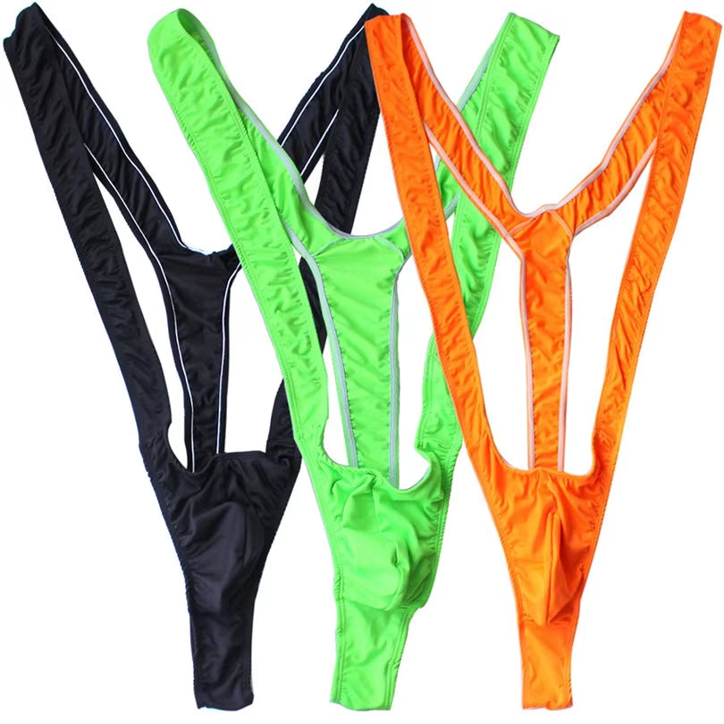 Bright Fluoro Sexy Men Mankini Thong Stretch Open Deep V-Neck Borat Men Beach Swimwear Swimsuit Hot Men Lingerie