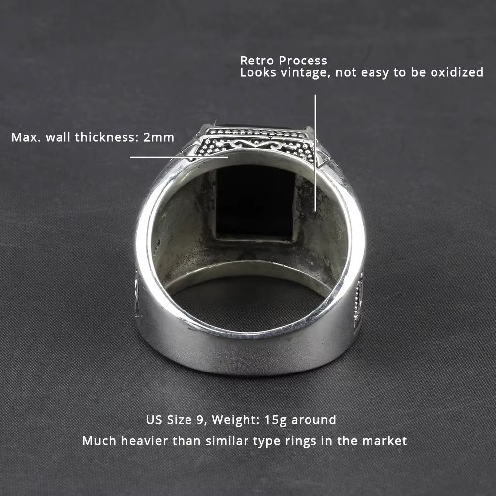 Real Pure 925 Sterling Silver Mens Signet Rings with Black Onyx Natural Stone Retro Flower Engraved Punk Rock Vintage Jewelry