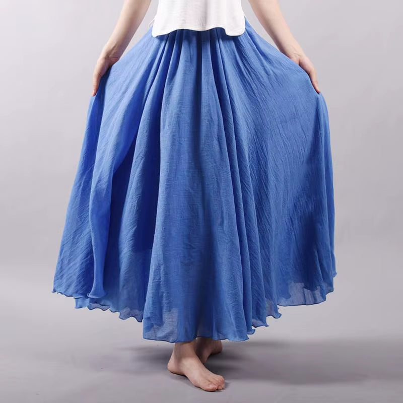 Women'S Elegant High Waist Linen Maxi Skirt 2023 Summer Ladies Casual Elastic Waist 2 Layers Skirts Saia Feminina 20 Colors SK53