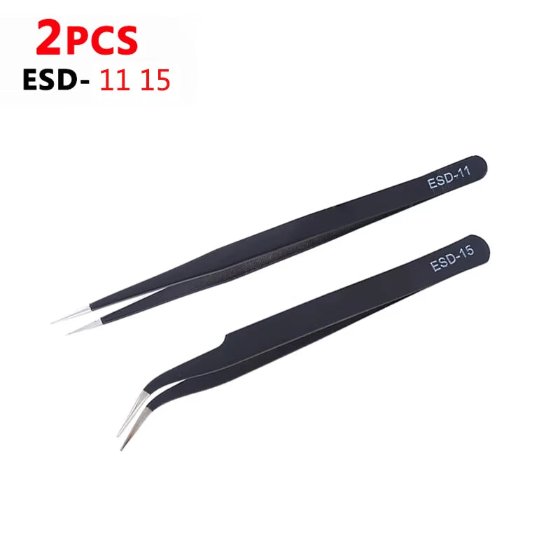 Anti-Static ESD Stainless Steel Tweezers Set Maintenance Tools Industrial Precision Curved Straight Tweezers Repair Tools Set