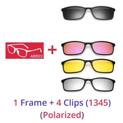 Polarized Sunglasses Men Women 5 in 1 Magnetic Clip on Glasses TR90 Optical Prescription Eyeglass Frames Magnet Clips