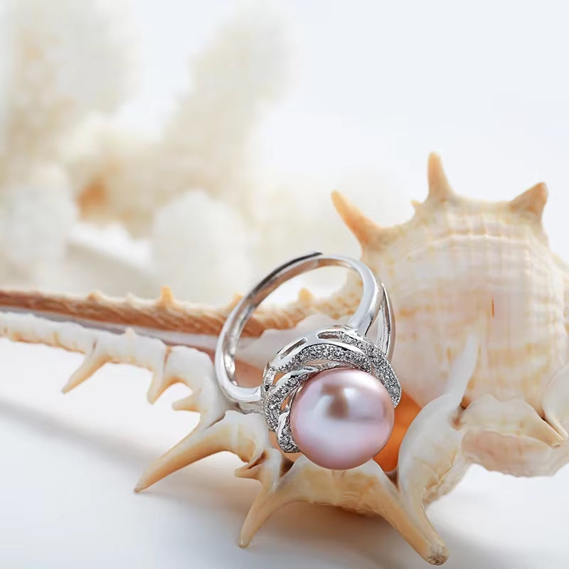 925 Sterling Silver Jewelry on Sale Big Natural Pearl Rings for Women Stone Ring Adjustable White/Pink/Purple Pearl