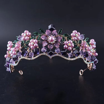 Luxury Baroque Purple Crystal Pearl Bridal Crown Tiara Magnificent Rhinestone Diadem for Bride Headband Wedding Hair Accessories