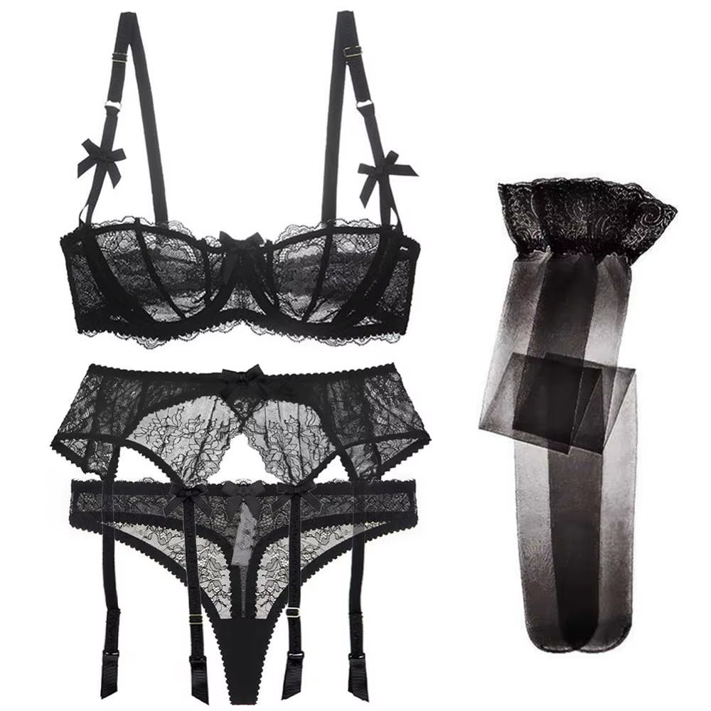 Luxury Half Cup Lace Transparent Sexy Lingerie Ultra-Thin Solid Shell Style 4 Pieces/Lots Bra Set and Garter and Stocking