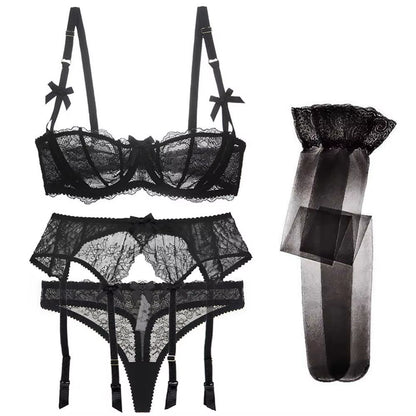 Luxury Half Cup Lace Transparent Sexy Lingerie Ultra-Thin Solid Shell Style 4 Pieces/Lots Bra Set and Garter and Stocking