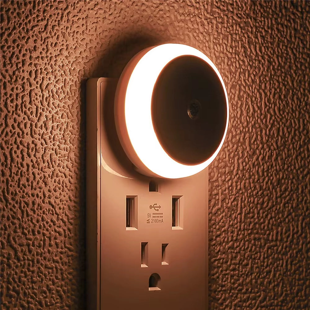 LED Night Light Smart Night Sensor round Plug in Wall Night Lamp Bathroom Home Kitchen Hallway Staireway Bedroom Nightlight