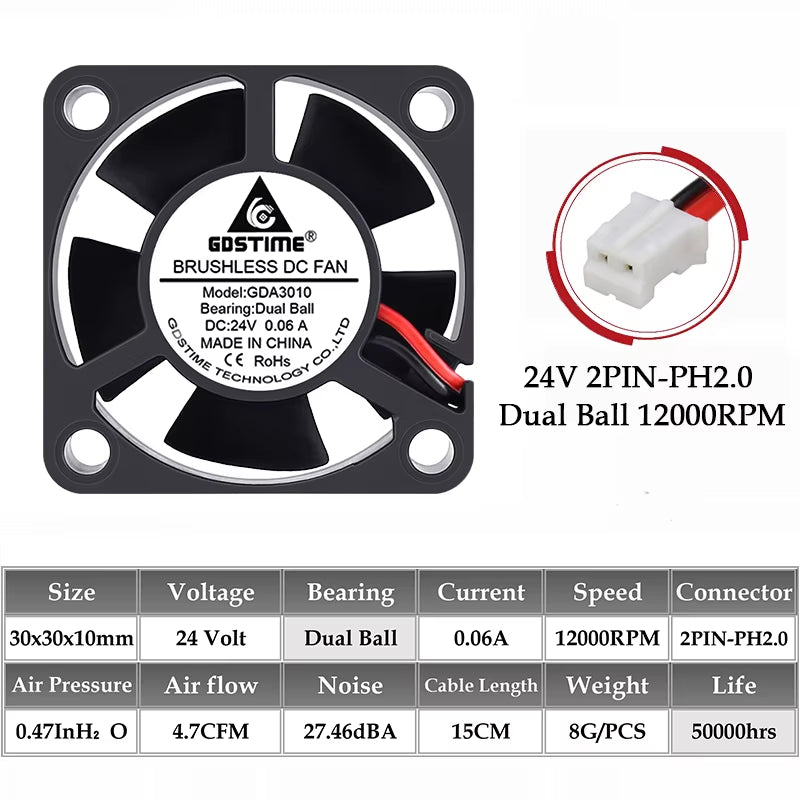 2PCS  Dual Ball Bearing DC 24V 12V 5V 3Cm 30Mm 30X30X10Mm 3010 Brushless Mini Cooler Cooling Fan
