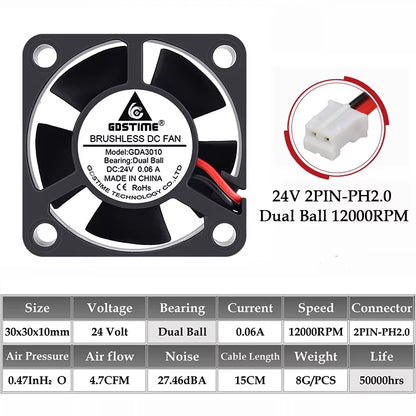 2PCS  Dual Ball Bearing DC 24V 12V 5V 3Cm 30Mm 30X30X10Mm 3010 Brushless Mini Cooler Cooling Fan