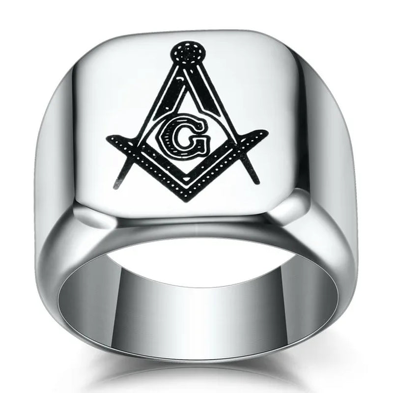 New Arrival Bling CZ Crystal Men Rings with Freemason Masonic Free Mason Signet 316L Stainless Steel Gold Color Jewelry for Men
