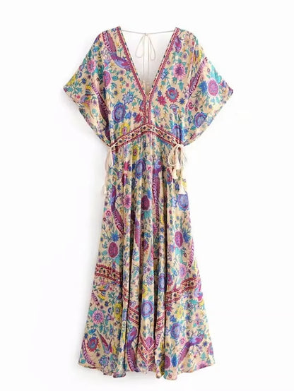 Vintage Chic Women Peacock Floral Print Bat Sleeve Beach Bohemian Maxi Dresses Robe Ladies V-Neck Tassel Summer Boho Dress