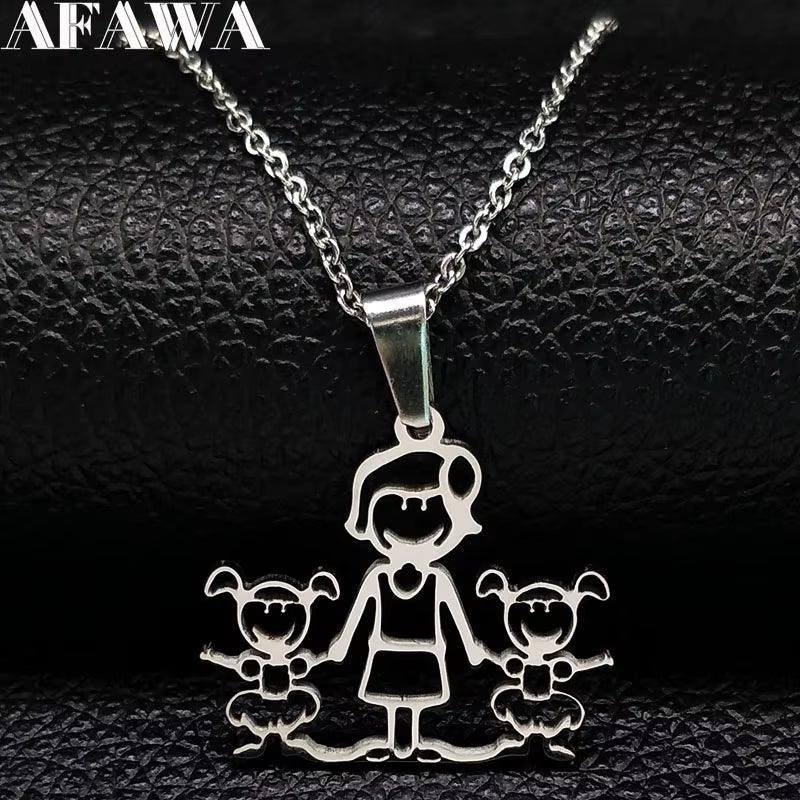 Stainless Steel Necklace Mama Family Necklaces Silver Color Love Boy Girl Pendant Jewelry Women Christmas Gift 355