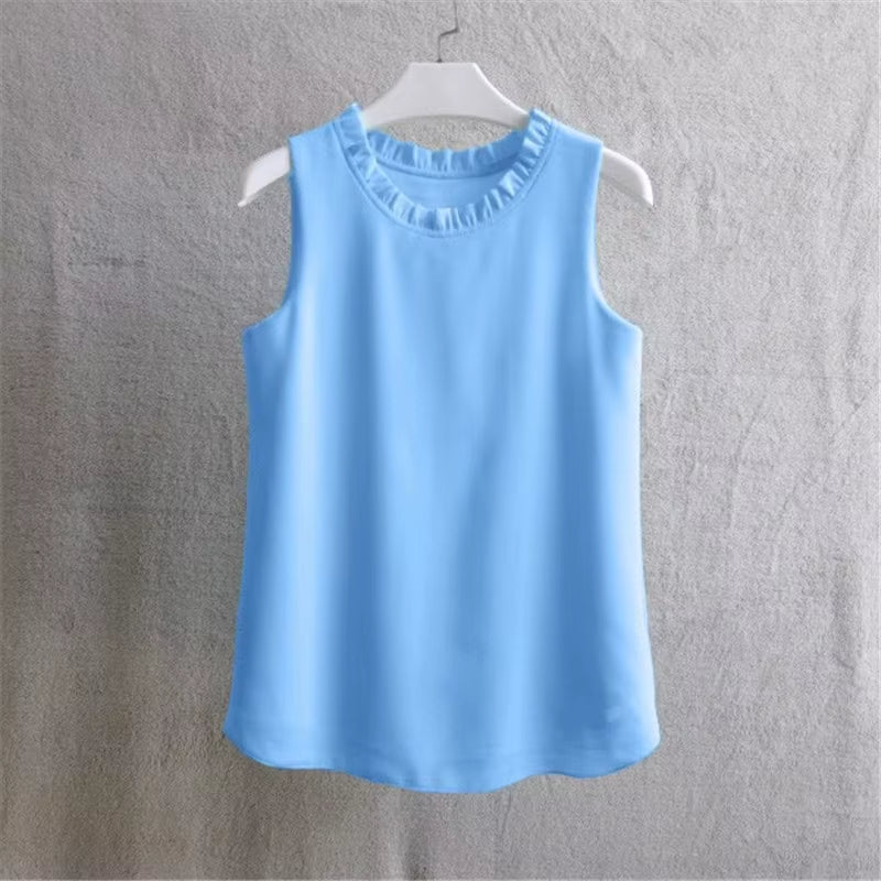 21 Colors Solid Ruffle Chiffon Blouse Women 2025 Summer Fashion Vest Blusas Casual Loose Sleeveless Ladies Tops Shirt