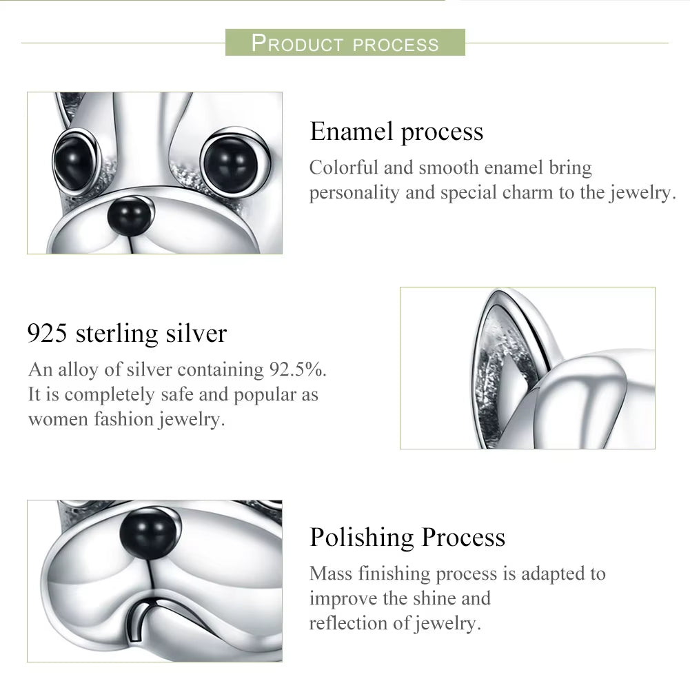 925 Sterling Silver Loyal Partners French Bulldog Bead Dog Animal Bead Fit Women Charm Bracelets DIY Jewelry SCC315