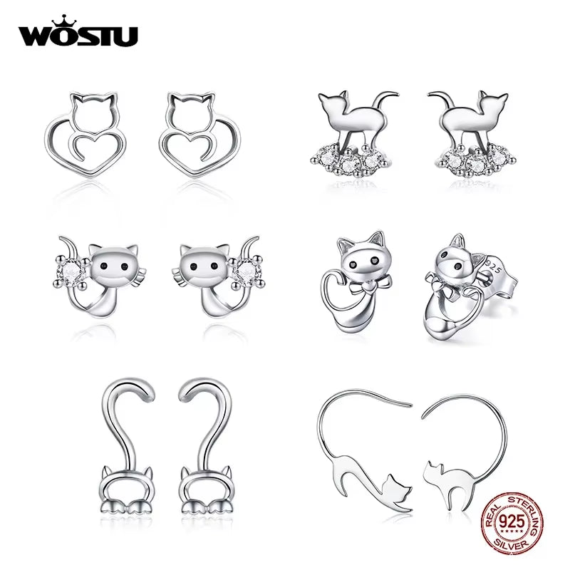 Real 100% 925 Sterling Silver Lovely Cat Pet Stud Earrings for Women S925 Silver Earring Fashion Jewelry Gift FIE073