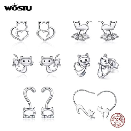 Real 100% 925 Sterling Silver Lovely Cat Pet Stud Earrings for Women S925 Silver Earring Fashion Jewelry Gift FIE073