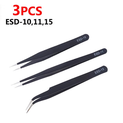 Anti-Static ESD Stainless Steel Tweezers Set Maintenance Tools Industrial Precision Curved Straight Tweezers Repair Tools Set