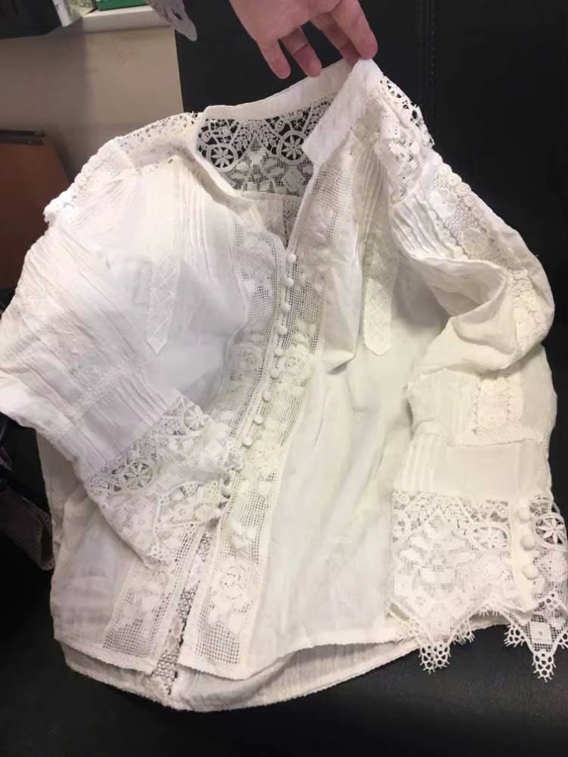 Blouse White Cotton Lace Floral Embroidery Women'S Shirt Loose Boho Style V-Neck Long Sleeve Tunic Sexy Tops