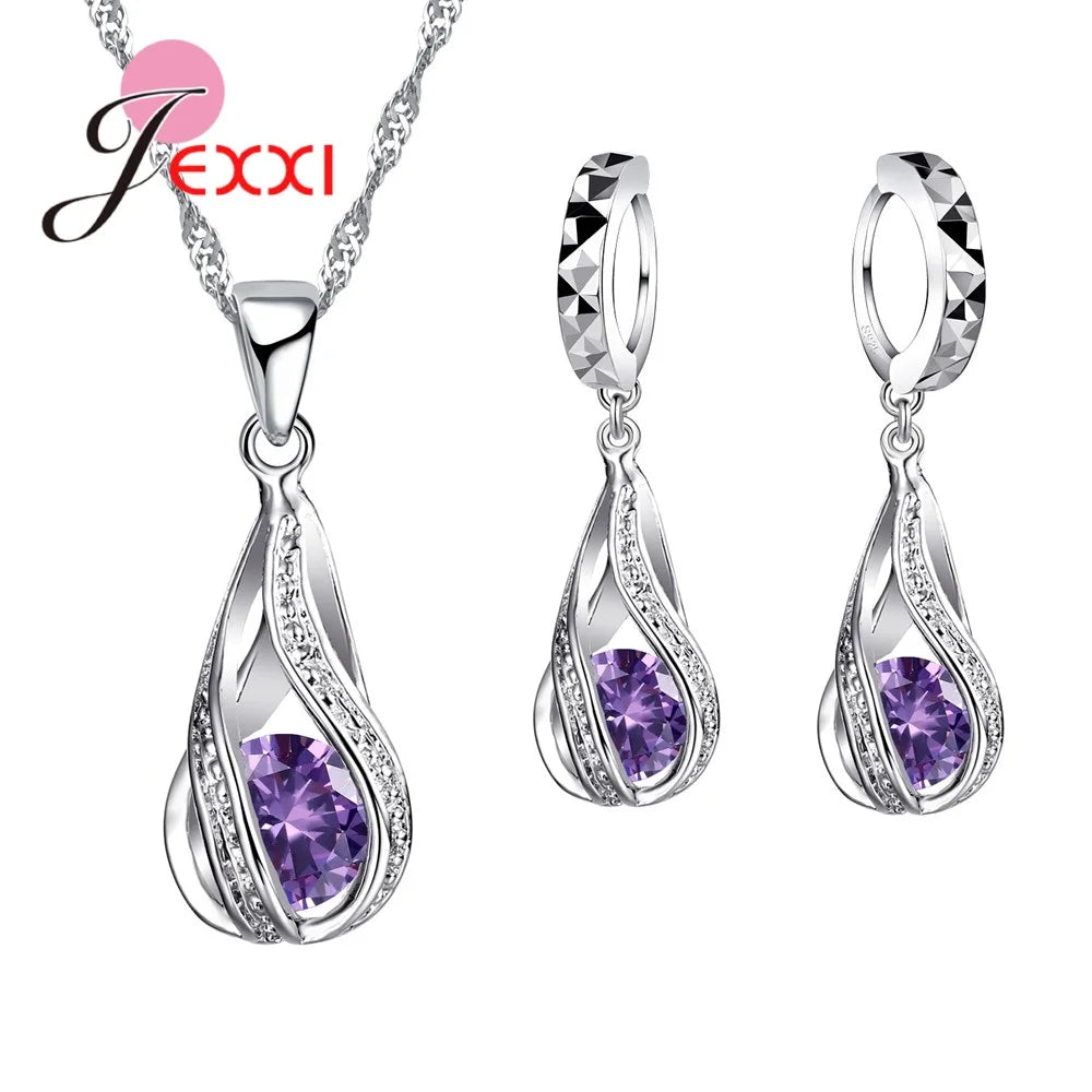 925 Sterling Silver Necklace Pendant Earrings Fashion Spiral Shaped White Crystal Jewelry Sets for Wholesale