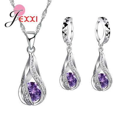 925 Sterling Silver Necklace Pendant Earrings Fashion Spiral Shaped White Crystal Jewelry Sets for Wholesale