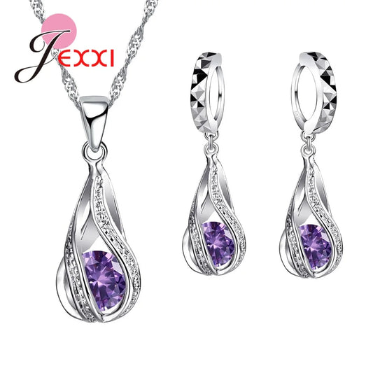 925 Sterling Silver Necklace Pendant Earrings Fashion Spiral Shaped White Crystal Jewelry Sets for Wholesale