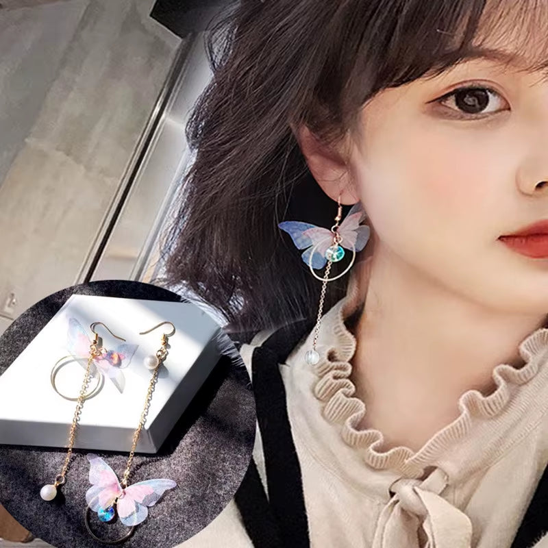 Korean Fashion Retro Asymmetrical Exquisite Butterfly Earrings Imitation Pearl Alloy Wings Pendant Long Earrings Women