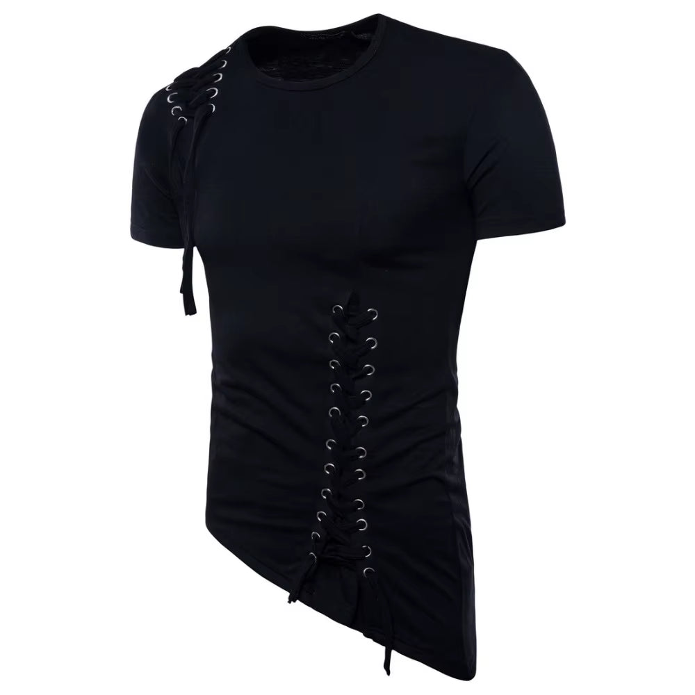 Men Irregular Design Hip Hop Punk T Shirt Tops Lacing Slim Fit Tee Shirts Men Gothic Style Tee Shirts Nightclub Stage Costume