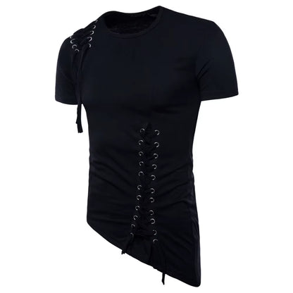 Men Irregular Design Hip Hop Punk T Shirt Tops Lacing Slim Fit Tee Shirts Men Gothic Style Tee Shirts Nightclub Stage Costume