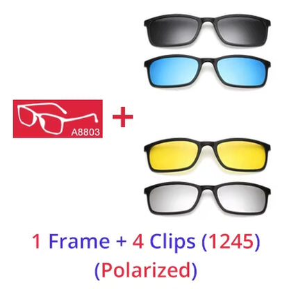 Polarized Sunglasses Men Women 5 in 1 Magnetic Clip on Glasses TR90 Optical Prescription Eyeglass Frames Magnet Clips